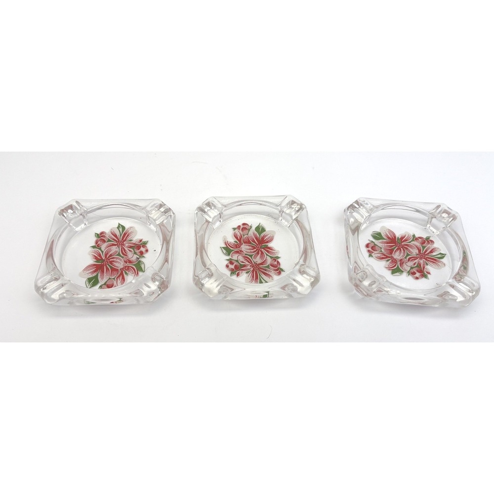 Vintage Set of 3 Square Glass Ashtrays Red Floral Dogwood Design Stackable